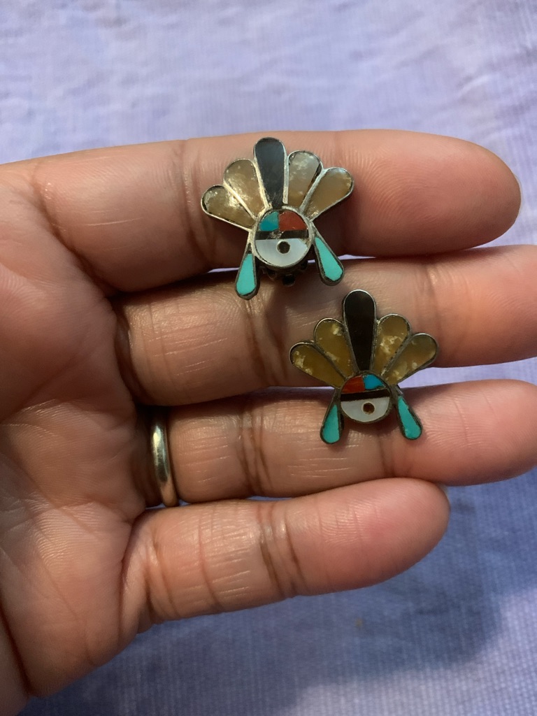 Vintage Native Inlay Clip On Earrings With Turquoise,Sterling Silver